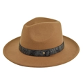 Close-up of camel wool fedora hat featuring snake print band and golden metal rivet detail - M (56-58cm) / Jazz Hat (BF174-13) / Dark Khaki