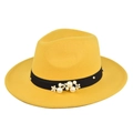 Detail of yellow wool fedora hat featuring black ribbon with pearls and white floral accents - M (56-58cm) / Yellow