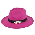 Detail of rose red fedora hat with elegant black band, white pearls and floral accents - M (56-58cm) / Rose Red