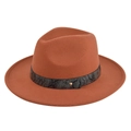 Macro detail of the snake-patterned leather band and gold stud on a red wool fedora hat - M (56-58cm) / Jazz Hat (BF174-16) / Rust red