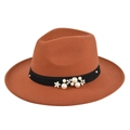 Detail of rust red felt fedora hat featuring black band with pearl and floral accents - M (56-58cm) / Rust red