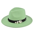 Detail of light green wool jazz hat with elegant pearl and flower decorative band - M (56-58cm) / Verdant