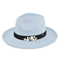 Close-up of light blue wool fedora hat featuring black ribbon with pearls and white flowers - M (56-58cm) / Sky Blue