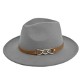 Detail view of grey felt fedora featuring brown leather band and gold metal chain buckle - M(56-58cm) / Gray