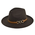 Close-up of wide brim felt Fedora with brown leather band and gold metal buckle - M(56-58cm) / Coffee