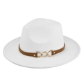 Detail of white wool jazz hat featuring a brown leather band and gold chain buckle - M(56-58cm) / White