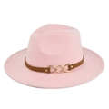 Close-up of pink wool fedora hat featuring brown leather band and gold chain link buckle - M(56-58cm) / Pink