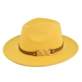 Detail of yellow wool fedora hat with brown leather belt and gold chain decoration - M(56-58cm) / Yellow