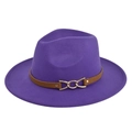 Detail of purple wide brim fedora hat featuring brown leather belt and gold chain buckle - M(56-58cm) / Purple