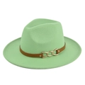 Close-up of wide brim wool fedora hat with brown leather band and golden chain link detail - M(56-58cm) / Verdant