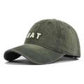 Close-up of vintage washed denim baseball cap with 3D white EAT embroidery - Army Green