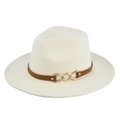 Detail of off-white wool fedora hat featuring a brown leather band and gold metal chain - M(56-58cm) / Off White