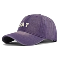 Close-up of high-quality 3D white embroidery on vintage washed purple denim baseball cap - Purple