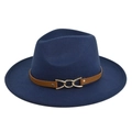 Klassieke marineblauwe wollen fedora hoed met bruine leren band en gouden gesp - M(56-58cm) / Marineblauw