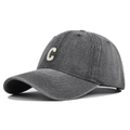 Detailed close-up of dark grey washed denim baseball cap with white C embroidery - Adjustable / Gray