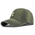 Close-up of olive green vintage washed denim baseball cap with C letter embroidery - Adjustable / Army Green