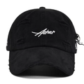 Detail der schwarzen Vintage-Baseballkappe mit Asher-Stickerei und Metallring-Akzent - Einheitsgröße / Schwarz