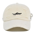 Detail showing distressed holes and cursive Asher embroidery on cream baseball cap - One Size / Off White