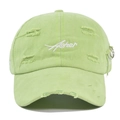 Detail of distressed mint green Asher cap with ripped holes and silver metal rings - One Size / Green