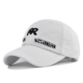 Close-up of white baseball cap with RR embroidery and distressed patchwork detailing - White