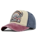 Gorra vintage Route 66 de denim lavado con estampado de moto y estilo retro desgastado - Ajustable / Burdeos