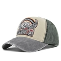 Detailed macro view of vintage Route 66 baseball cap showing washed fabric and distressed holes - Adjustable / Gray
