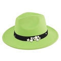 Neon green felt fedora hat featuring a black ribbon band with pearls and floral metal accents - M (56-58cm) / Fluorescent Green