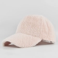 Detailed view of the soft faux fur texture on a light pink plush baseball cap for winter - Adjustable / Pink