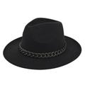 Detailed view of black felt jazz hat featuring a thick chain decoration and wide brim - M / Black