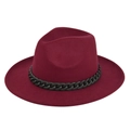 Close-up of the matte black chain detail on a burgundy wool felt fedora hat - M / Burgundy