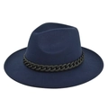Detail view of navy blue fedora hat with wide flat brim and decorative black chain band - M / Navy Blue