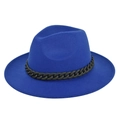 Detail of royal blue felt fedora hat featuring a stylish matte black chain decoration - M / Blue