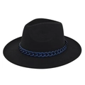 Klassischer schwarzer Fedora-Hut mit breiter Krempe und blauer Kettendekoration für Damen - Schwarz