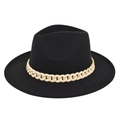 Close-up of black wool fedora featuring a decorative cream resin chain on the wide brim - M (56-58cm) / Black