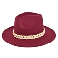 Detail of burgundy wool fedora hat featuring a chunky cream white decorative chain - M (56-58cm) / Burgundy