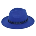 Detail of royal blue felt hat featuring a stylish matte navy plastic chain decoration - M (56-58cm) / Blue