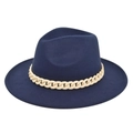 Detail of navy blue wool fedora with a decorative beige chain and wide flat brim - M (56-58cm) / Navy Blue