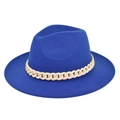 Detail of royal blue wool fedora hat featuring a white chunky chain decorative band - M (56-58cm) / Blue