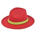 Close-up of bright red wide-brim fedora hat with neon yellow plastic chain decoration - M (56-58cm) / Red
