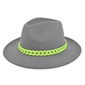 Detail of grey wool fedora hat featuring a vibrant neon green chain link decoration - M (56-58cm) / Gray
