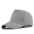 Detail view of a 5-panel solid grey baseball cap featuring premium cotton twill and curved brim - Adjustable / Gray