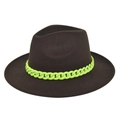 Detail of dark brown wool fedora hat featuring a striking neon green chunky chain band - M (56-58cm) / Coffee