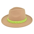 Macro detail of khaki wool felt fedora featuring a bold neon green plastic chain accent - M (56-58cm) / Khaki