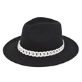 Classic black wide-brim fedora hat with contrast white chain and wool-like texture - M (56-58cm) / Black (BF181-1)