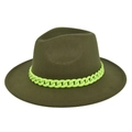 Detail of olive green wool fedora hat featuring a bold neon green plastic chain trim - M (56-58cm) / Army Green