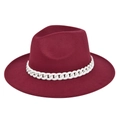 Detail view of burgundy jazz fedora with white resin chain link on wide brim wool felt hat - M (56-58cm) / Wine Red (BF181-2)