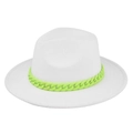 Close-up of white fedora hat with bold lime green chunky chain detail on felt fabric - M (56-58cm) / White