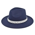 Detail of navy blue wool fedora featuring a bold white decorative plastic chain band - M (56-58cm) / Navy Blue (BF181-3)