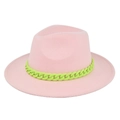Detail of pink fedora hat featuring a wide flat brim and green chain link decoration - M (56-58cm) / Pink