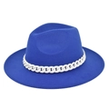 Close-up of cobalt blue fedora hat with a chunky white chain detail on the band - M (56-58cm) / Blue (BF181-4)